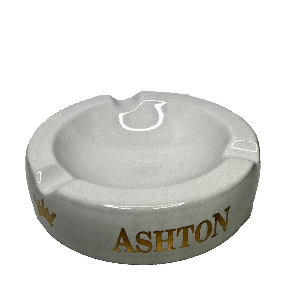 ASHTON Cigar Company White and Gold Large Cigar Round Ashtray 6.5 Inches